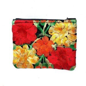 Embroidered Floral Cotton Zip Wallet-Red/Orange/Green/Black, Guatemala 4.5"x3.5"